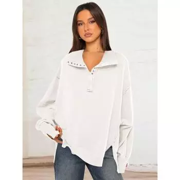 Декоративный топ с рисунком линии Sense с разрезными рукавами-фонариками, воротником-поло, толстовка с капюшоном, женская весна-осень, пуловеры и длинные рукава для женщин S