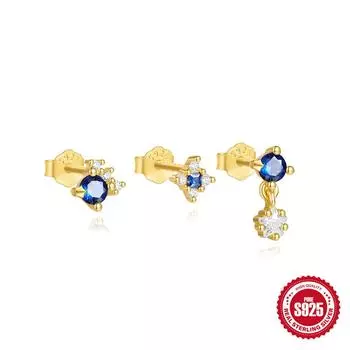 Delicate And Small Dream Blue Zirconium Star Candy Star Horse Eye Stud Earrings Three-Piece Set, Premium Zircon Earrings. 925 Silver