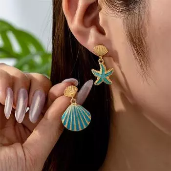 Delicate Blue Crystal Starfish Turtle Earrings for Women Summer Holiday Metal Shell Sea Star Earring Jewelry Girl Gift ER25Y0025
