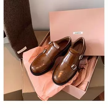 Delicate carved baroque single shoes thick heel small leather shoes 34 чёрный