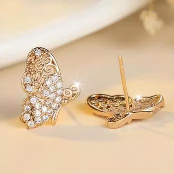 Нежные серьги-гвоздики в форме крыльев бабочки золотого цвета для женщин с блестящими кубическими цирконами, изысканные ювелирные изделия золотой