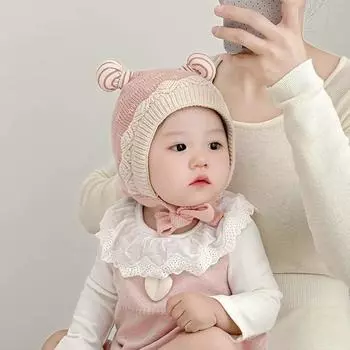Delicate princess autumn and winter infant ear hat girl baby princess lace cute super cute wool hat windproof hat 44-49 (5 months - 2.5 years old