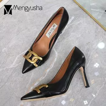 Delicate Woman Pumps Metal Chain High Heels Ladies Stillettos Big Size 41 Solid Leather Wedding Shoes Brides Dress Tacones 4.5