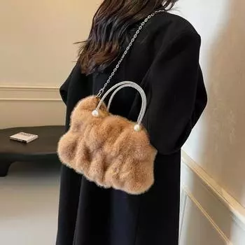 Delicate women s shoulder bag with pearl decoration monochromatic shoulder bag elegant chain bag