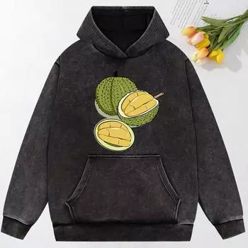 Delicious Durian Opened Printing Women Washed Hoodie Loose Fashion Streetwear Autumn Multicolor Hoodies Cotton M