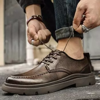 Деловая кожаная обувь. Мужской новый костюм. Нескользящие универсальные повседневные туфли-броги с мягкой подошвой. 38 хаки