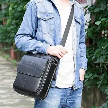 Деловая мужская сумка через плечо из коровьей кожи с ручкой и ремнем через голову, большая вместимость чёрный