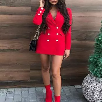 Деловой костюм с длинными рукавами и офисными пуговицами, однотонное, с V-образным вырезом, трапециевидной формы, тонкое женское короткое платье с короткими бедрами S красный