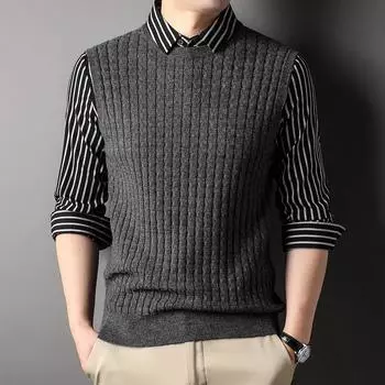 Деловой лацкан модный полосатый вязаный свитер мужской новый поддельный двухсекционный вязаный свитер для молодежи и среднего возраста рубашка с воротником M