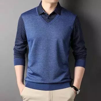Деловой лацкан модный полосатый вязаный свитер мужской новый поддельный двухсекционный вязаный свитер для молодежи и среднего возраста рубашка с воротником M