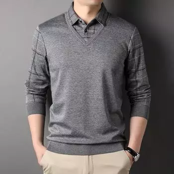 Деловой лацкан модный полосатый вязаный свитер мужской новый поддельный двухсекционный вязаный свитер для молодежи и среднего возраста рубашка с воротником M