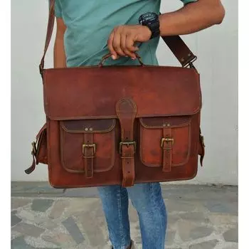 Деловой портфель Очень большая мужская сумка для компьютера ручной работы из козьей кожи 11 x 15 x 5 in коричневый