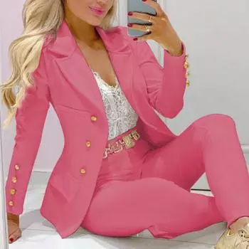 Деловой повседневный комплект из двух предметов, двубортный пиджак с лацканами и узкие брюки, женская одежда S красный