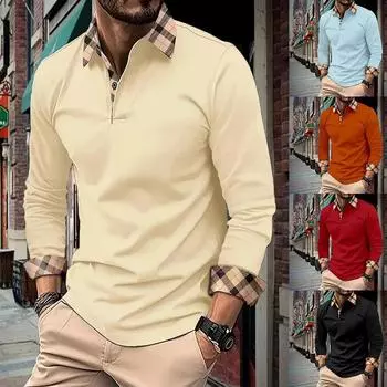 Деловой зрелый повседневный гольф модный мужской топ ретро контрастный длинный рукав поло футболка с пуговицами лацкан модный тонкий воротник толстовка S