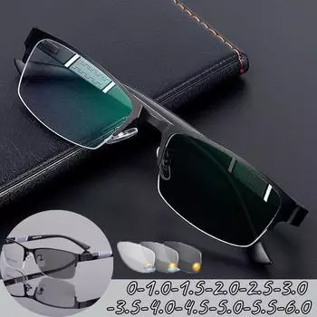 Деловые фотохромные очки для близорукости, женские и мужские полукадровые металлические очки, уличные очки с защитой от синего света, УФ-оттенками, от 0 до -6,0 1.5 чёрный