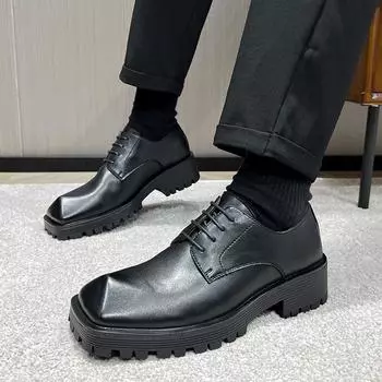 Деловые кожаные туфли для мужчин с коническим носком, нишевый дизайн, модные повседневные кожаные туфли с увеличенным размером, мужские, японские, корейские, уличные, для поездок на работу 38 чёрный