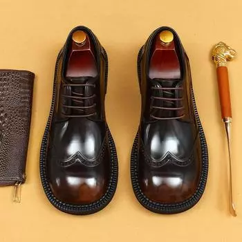 Деловые повседневные кожаные туфли мужские с большой головкой из кожи британские резные туфли Brock Wide Head Fat Feet мужские туфли 39 чёрный