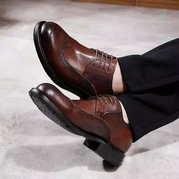 Деловые повседневные кожаные туфли с большой головой, мужские кожаные туфли в стиле ретро с гравировкой Goodyear British Wedding 37 чёрный
