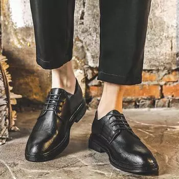 Деловые повседневные кожаные туфли с круглым носком, универсальные классические свадебные туфли для жениха, британские официальные мужские кожаные туфли 2323-Y 38 чёрный