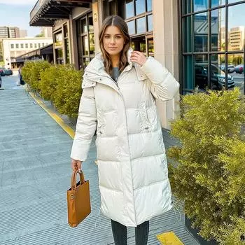 Демисезонная куртка для женщин 2024 зимняя женская хлопковая куртка женская повседневная с капюшоном длинная куртка выше колена женская одежда M бежевый