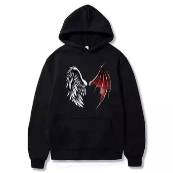 Demon And Angel Wings Print Hoodie Winter Fleece Long Sleeves Sport Jogging Pullover Sweatshirt Clothes S