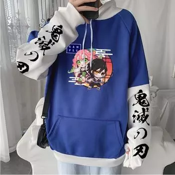 Demon Slayer аниме одежда Kanroji Mitsuri и Iguro Obanai милая толстовка для пар Harajuku для мужчин и женщин Kimetsu No Yaiba толстовки XS чёрный