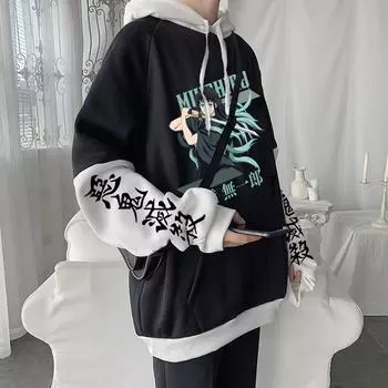 Demon Slayer Аниме Harajuku Hoodie Men Cool Cartoon Printed Tokitou Muichirou Sweatshirt Plus Size Kimetsu no Yaiba Manga Hoodies M синий