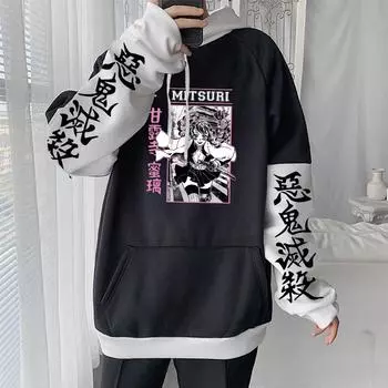 Demon Slayer Аниме Kawaii Розовые толстовки Свободная повседневная уличная одежда Harajuku Эстетическая Kanroji Mitsuri Графика Лоскутные толстовки S чёрный