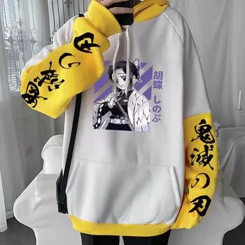 Demon Slayer Аниме Одежда Kochou Shinobu Cool Print Hooded Men Women Kimetsu No Yaiba Hoodies Harajuku Unisex Sweatshirt XS чёрный