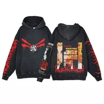Demon Slayer Аниме Одежда Rengoku Kyoujurou Графический Печатный Хлопок С Капюшоном Мужчины Женщины Винтаж Манга Толстовки Harajuku Толстовка M чёрный