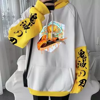 Demon Slayer аниме уличная одежда Agatsuma Zenitsu принт с капюшоном для мужчин женщин лоскутные толстовки Harajuku Kimetsu No Yaiba толстовка XS чёрный