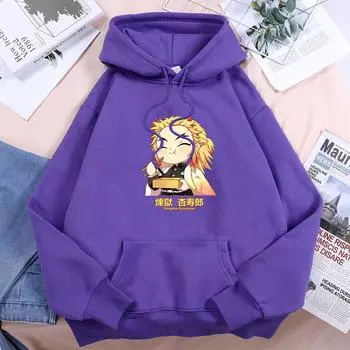 Demon Slayer Anime Very Happy Rengoku Kyoujurou Женские топы Harajuku Аниме Уличная одежда Свободная флисовая толстовка Теплая повседневная женская толстовка S