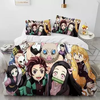 Demon Slayer Bedding Set Kamado Nezuko Duvet Cover Set Bedspread Pillowcase King Queen Full Single Size Bed Linen Kids Teen Gift Eu Single135x200cm