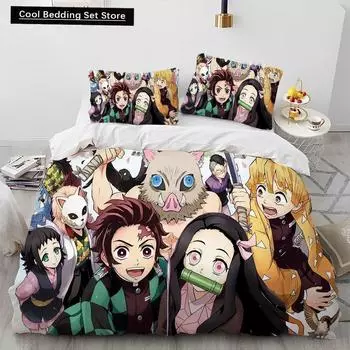 Комплект постельного белья Клинок, рассекающий демонов Камадо Нэдзуко Комплект пододеяльника Покрывало Наволочка Размер Кинг Квин Полный Односпальный Постельное белье Детский Подростковый Подарок 150x200cm 3pcs