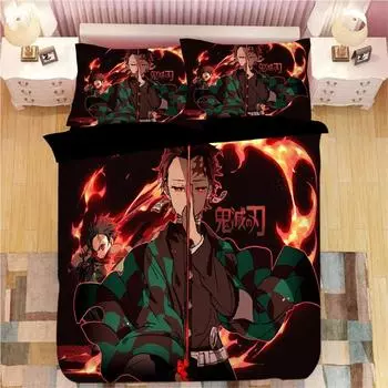 Demon Slayer Bedding Sets Cartoon Duvet Cover Bed Linen Boys Kids Single Double Size Soft Bedclothes Home Decor Anime Comforter EU Twin(135x200cm)