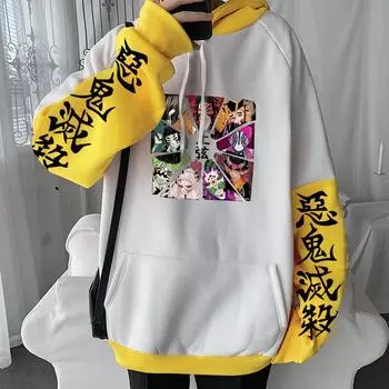 Demon Slayer Japan Anime Harajuku Hoodies Clothes Kawaii Ghost Kokushibou/Douma/Akaza/Hantengu Manga Loose Casual Sweatshirts XS чёрный
