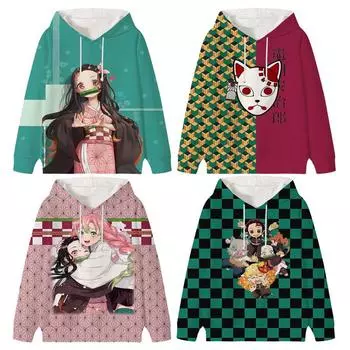 Demon Slayer Kamado Tanjirou Hoodie Kids Cute Spring Autumn Long Sleeve Hooded Hoody Hoody Shirts Boys Girls Casual Outfits Children Tops 100 белый