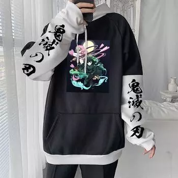 Demon Slayer Kanroji Mitsuri Manga Толстовки Женщины Мужчины Аниме Tokitou Muichirou Печатные толстовки Лоскутное повседневное унисекс уличная одежда XS чёрный