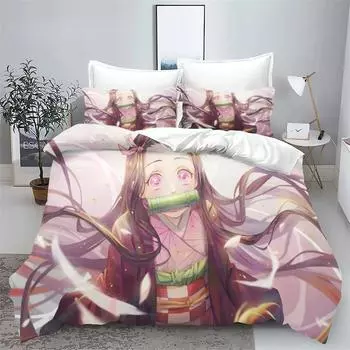 Demon Slayer Kimetsu No Yaiba Kamado Nezuko Anime 100% Polyester Bedding Set Duvet Cover Set Printed Cartoon Home Decor EU single(135x200cm)