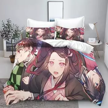 Demon Slayer Kimetsu no Yaiba kamado Nezuko Anime 100% Polyester Bedding Set Duvet Cover Set Printed Cartoon Home Decor EU single(135x200cm)