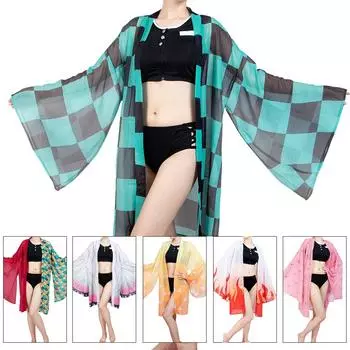 Demon Slayer Косплей Kimetsu no Yaiba Kamado Tanjirou Косплей из двух частей купальный костюм с v-образным вырезом, купальник с прозрачным кимоно, кардиган XXXL