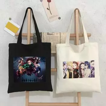 Demon Slayer, модная холщовая сумка из японского аниме, Harajuku, готический топ, женские сумки большой вместимости, винтажная сумка, белая сумка на плечо 24*26cm