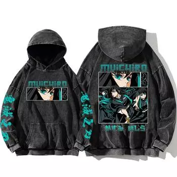 Demon Slayer Tokitou Muichirou Manga Printed Hoodies для мужчин и женщин Чистый хлопок Толстовки Винтажная стираная свободная уличная одежда S