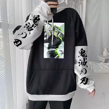 Demon Slayer Tokitou Muichirou, популярные аниме лоскутные толстовки, весенние толстовки с длинными рукавами для женщин и мужчин, уличная одежда большого размера с круглым вырезом S чёрный