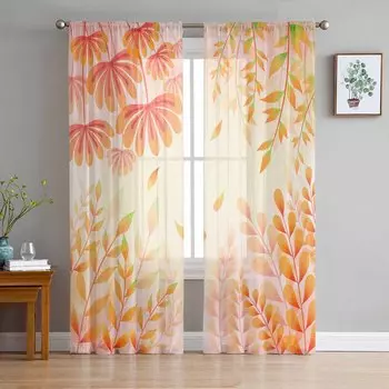 День благодарения Осенние листья растений Кустарники Градиентные прозрачные шторы для детей Спальня Гостиная Вуаль Оконные шторы Тюль Шторы W135 x H114cm