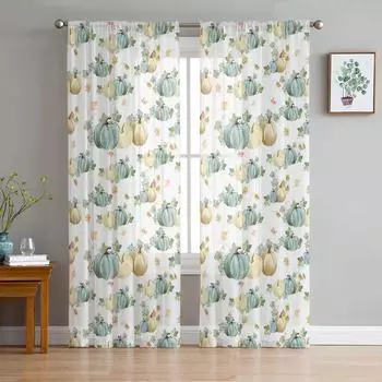День благодарения Тыквенные листья Белые вуалевые шторы для спальни Тюль Оконные шторы для гостиной Прозрачные шторы Жалюзи Портьеры W135 x H115cm x1&Rod Pocket