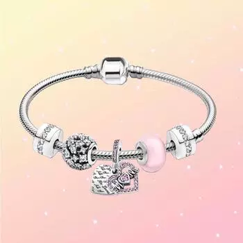 День матери S925 Серебряный МАМА Сердце Розовый Мотаться Шарм Стеклянная Бусина Змеиная Кость Браслет-Цепочка Для Женщин Ювелирные Изделия На День Рождения Подарки 17cm