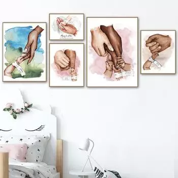 День матери Семья папа мама смешанная кровь ручная роспись на холсте плакаты на скандинавскую тему и печать украшение для дома в спальню 21x30cm No Frame