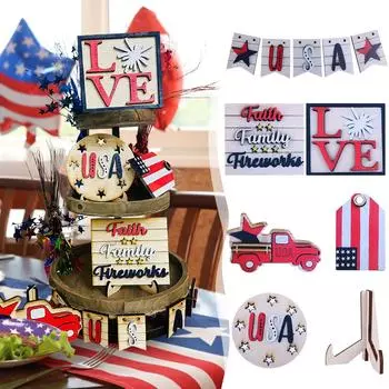 День независимости деревянное украшение Слой Украшение поддона Миниатюрная сцена Домашнее украшение в стиле ретро Трехмерное деревянное украшение белый