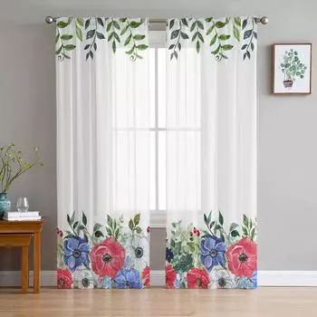 День независимости Маки Растения Цветы Вуаль Прозрачные Шторы Гостиная Окно Тюль Шторы Кухня Спальня Шторы Домашний Декор 135W x 114H(cm)